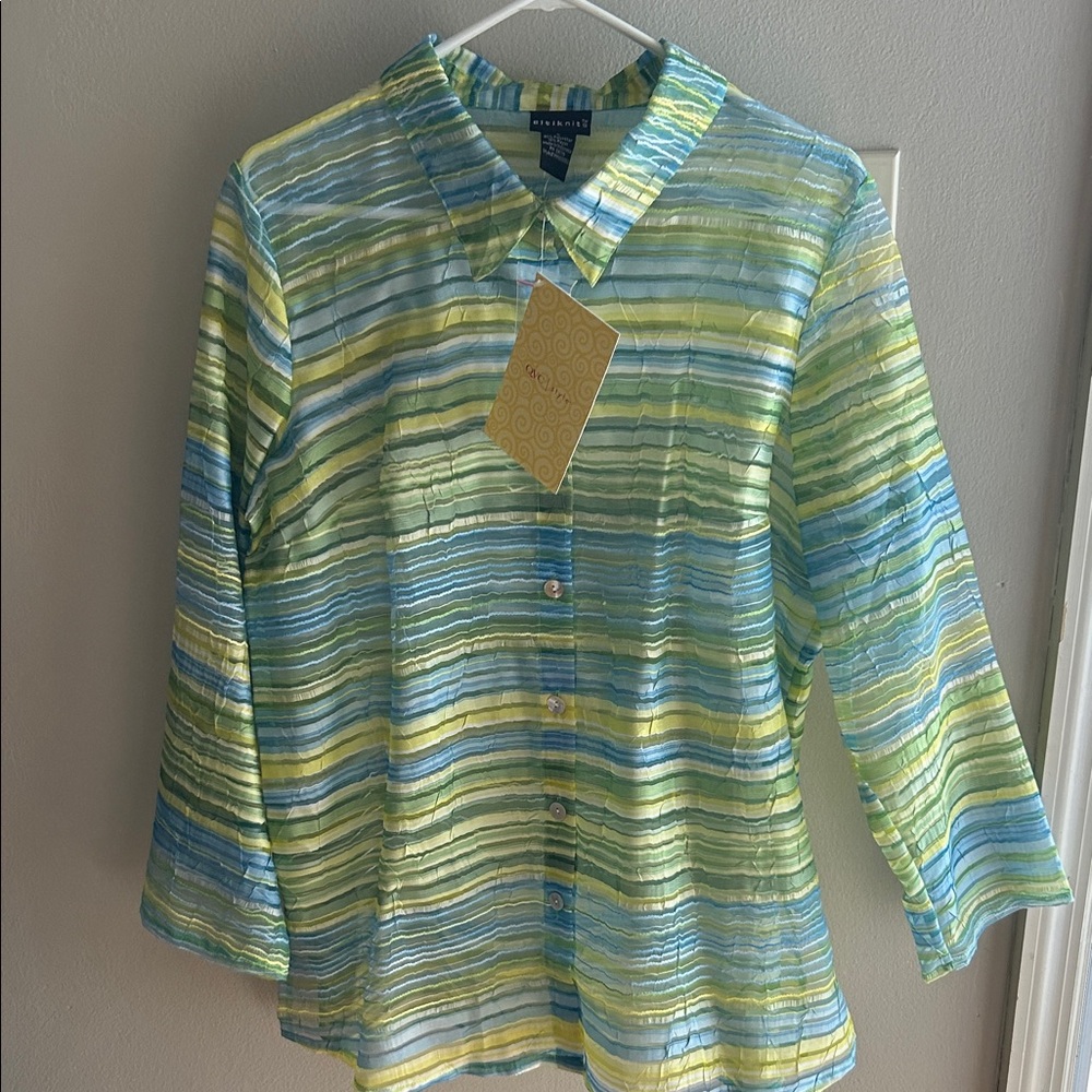 Citiknits Striped Button-Down Top in Green Multi, Size Large